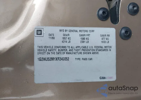 1999 Pontiac Grand Prix Se from USA, damaged, VIN 1G2WJ52M1XF249052